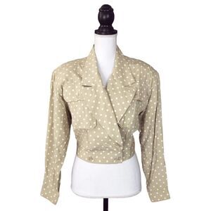 Vintage 80s Tan Beige Polka Dot Long Sleeve Cropped Blazer Jacket Size Small